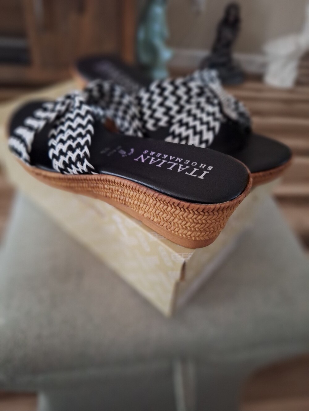 Italian Shoemakers Black & White Woven Crisscross Wedge Sandal with Tan Wedge